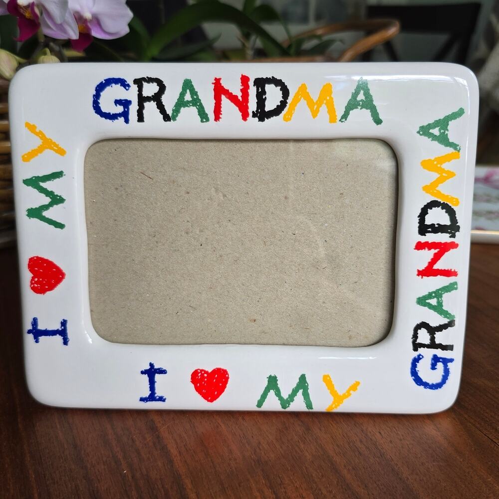 Vintage I Love Grandma Picture Frame Ceramic 4X6 White Primary Color Crayon Font